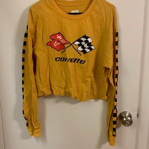 Yellow long sleeve corvette cropped tee with checkered sleeves